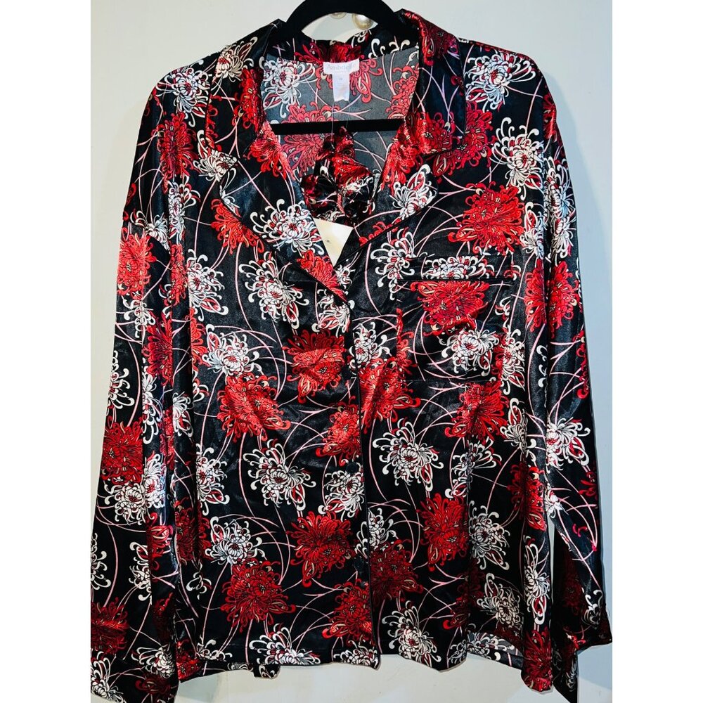 New Ambrielle Womens Floral Satin Button-Down Sleepwear Red & Black 1X - Picture 1 of 1